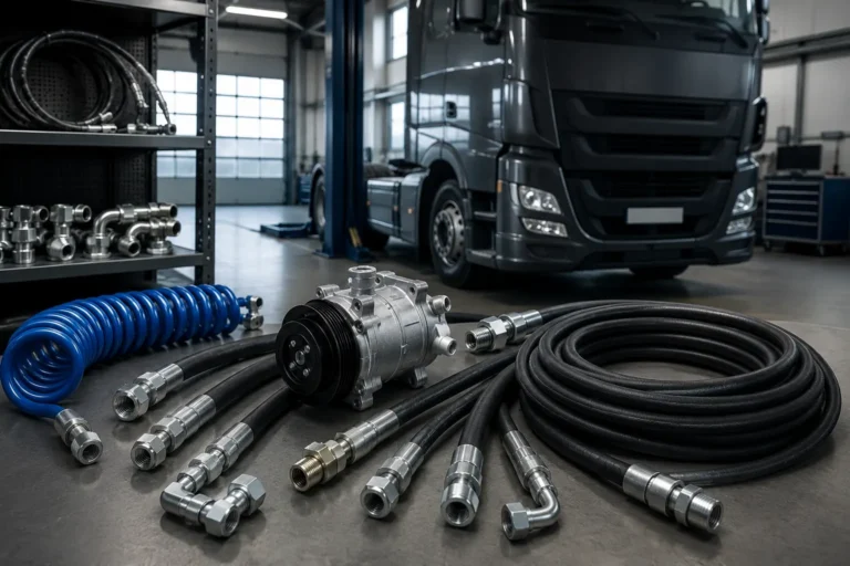 Truck workshop with hydraulic hoses air conditioning hoses and fittings