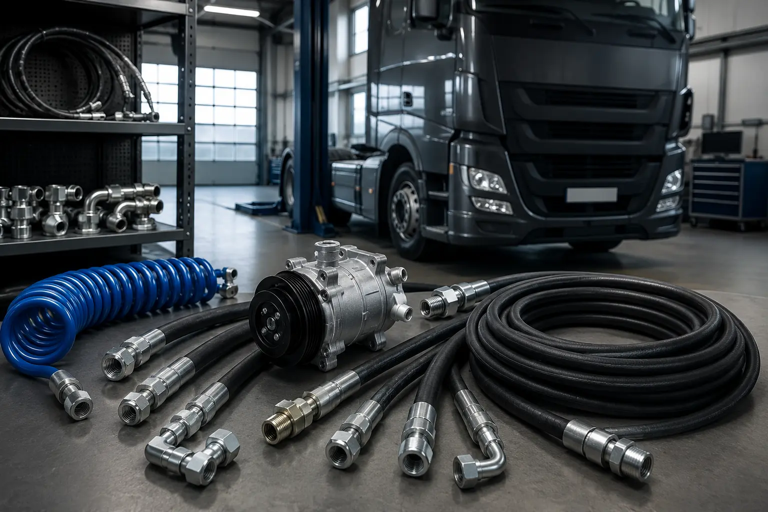 Truck workshop for hydraulic hose A/C hose fitting and automotive support